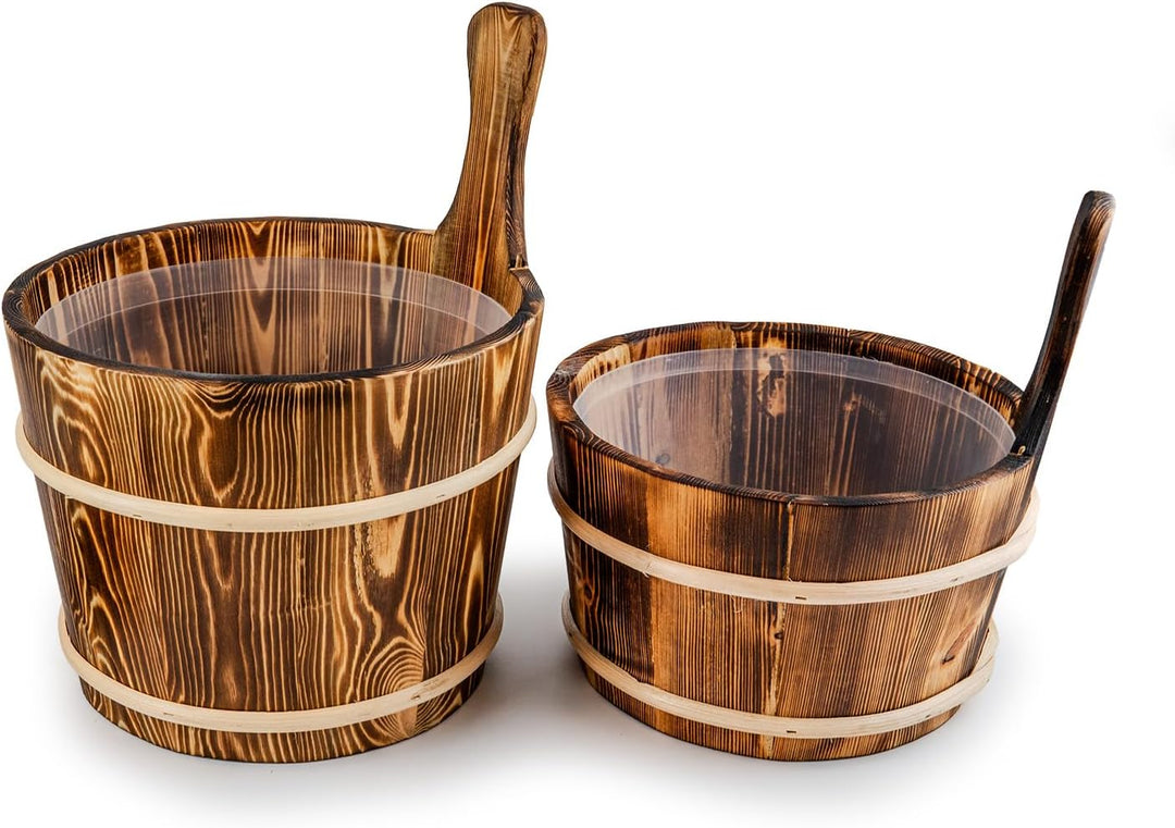 SAUNAINTER Sauna Eimer mit Kelle - Saunazubehör Set, Yakisugi Japan Stil verkohltes Holz, Kunststoff