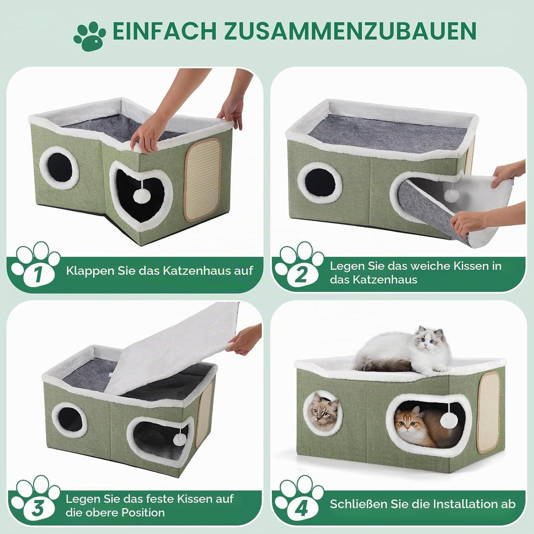 Faltbares Katzenhöhle, Katzenhaus Indoor grosse Katzen, 61T*45B*32H cm 2 Schicht Katzenwürfel, XXL K