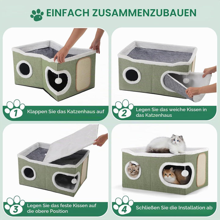 Faltbares Katzenhöhle, Katzenhaus Indoor grosse Katzen, 61T*45B*32H cm 2 Schicht Katzenwürfel, XXL K