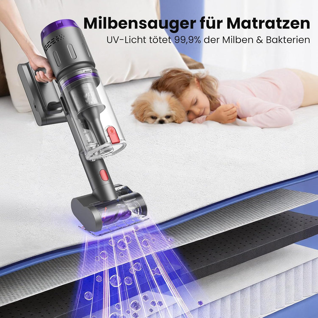 Akku Staubsauger, 600W/58kPa/75Min, Staubsauger Kabellos mit Mini Turbo Milbenbürste und Ladestation