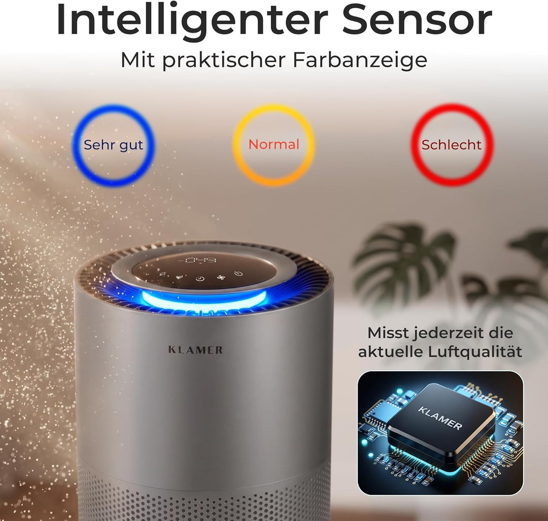 KLAMER Luftreiniger 600i mit HEPA Filter, CADR Spitzenleistung von 450 m³/h, für Räume bis 55m², ent
