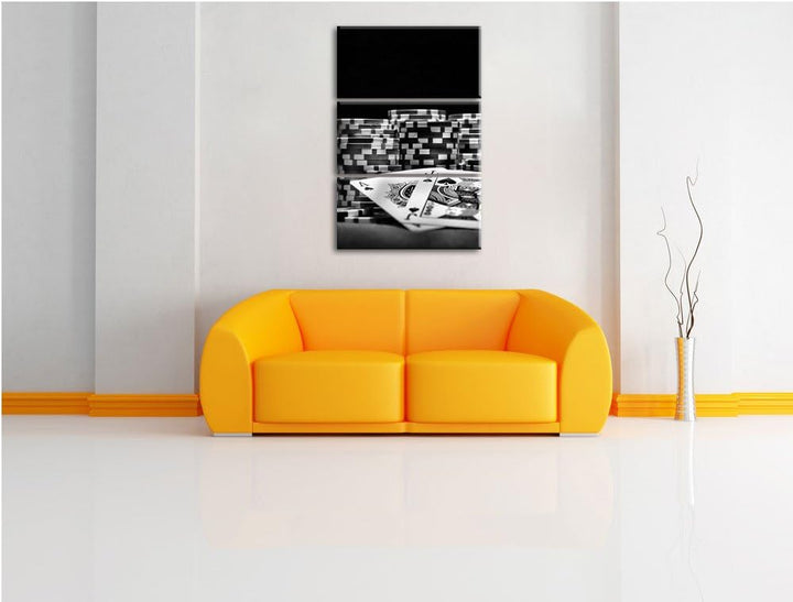 Pixxprint Monocrome, Pokertisch mit Karten in Las Vegas 3-Teiler Leinwandbild 120x80 Bild auf Leinwa
