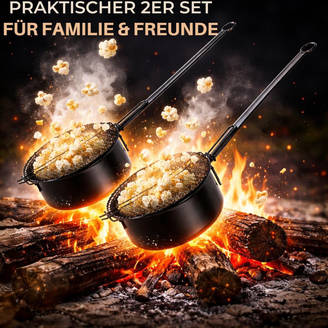 Popcorn Maker Lagerfeuer 2er Set Antihaft aus Carbonstahl-mit Sicherheitsgriff &amp; Gitterdeckel, Outdo