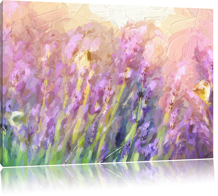 Pixxprint Schmetterlinge auf Lavendelblumen Kunst Pinsel Effekt, Format: 100x70 auf Leinwand, 100x70