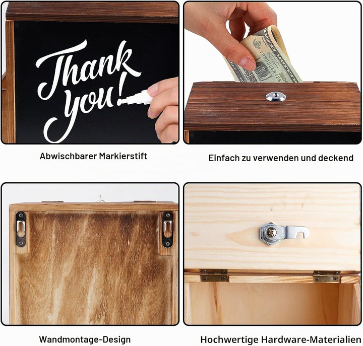 Holz Vorschlagsbox, Spendenbox Abschliessbar Mit 8-Farben-Tafelstift und nichtmagnetischem Tafelwisc