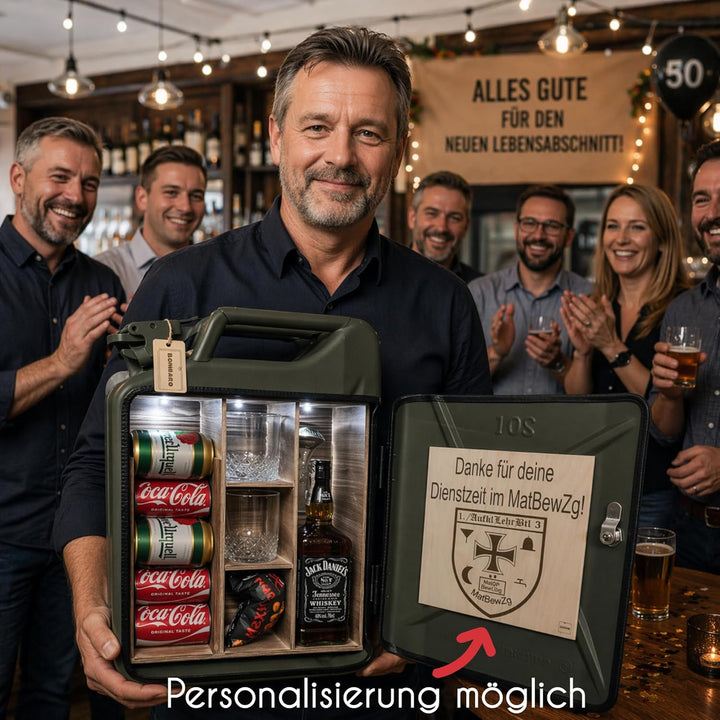 20L Kanister Mini Bar Premium I Maximal personalisierbar mit Gravur & LED Beleuchtung I 2 Whiskygläs
