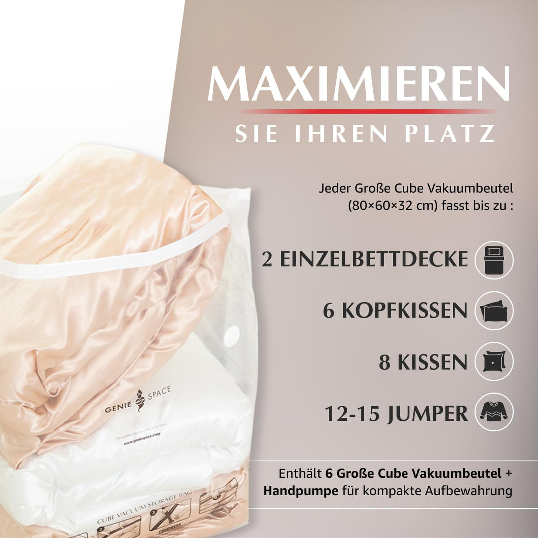 GENIE SPACE Vakuumbeutel - 6er Pack, Gross, 80x60x32cm | Starke platzsparende Packwürfel | Luftdicht