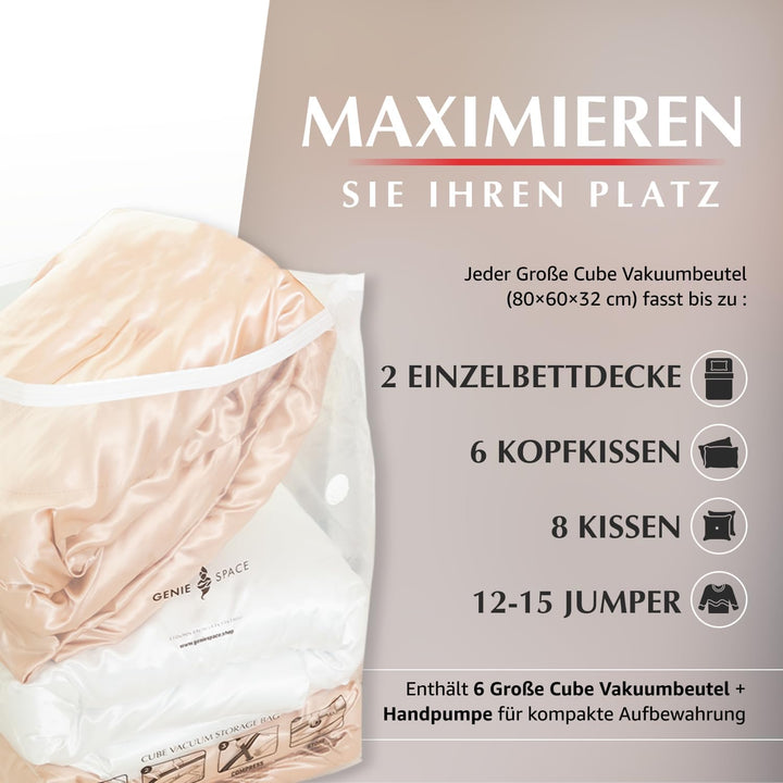 GENIE SPACE Vakuumbeutel - 6er Pack, Gross, 80x60x32cm | Starke platzsparende Packwürfel | Luftdicht