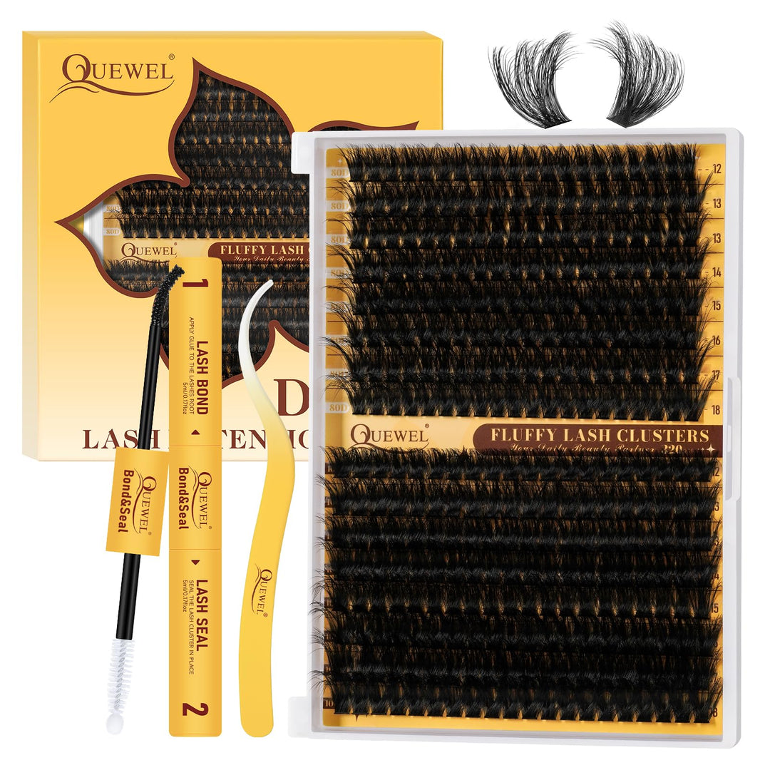 QUEWEL Wimpern-Extensions 320 Stück 80D+100D, DIY Lash-Extension-Set, Cluster-Lashes mit Wimpernkleb
