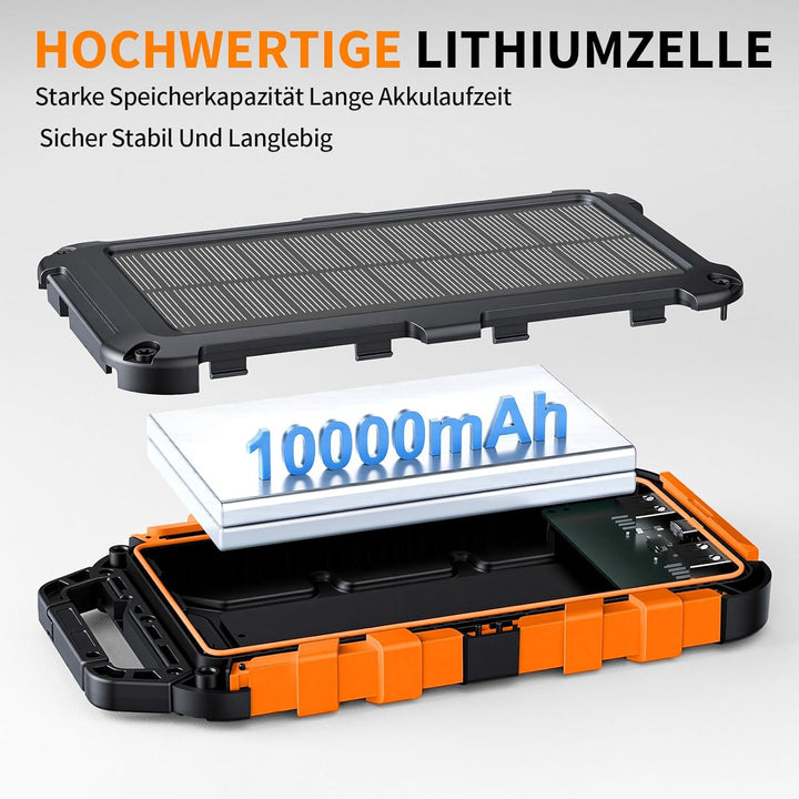 Solar Powerbank 10000mAh PD 22,5W Tragbares Solar Ladegerät USB C Outdoor Wasserdicht Externer Akku