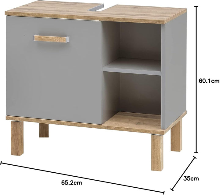 Schildmeyer Padua Waschbeckenunterschrank 148823, Platingrau/Eiche Landhaus Dekor, 65,2 x 35,0 x 60,