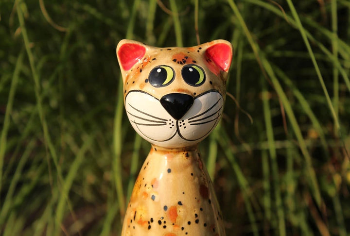 Gartenfigur Katze aus Keramik 30 cm Dekofigur getöpferte Gartendeko braun, Braun