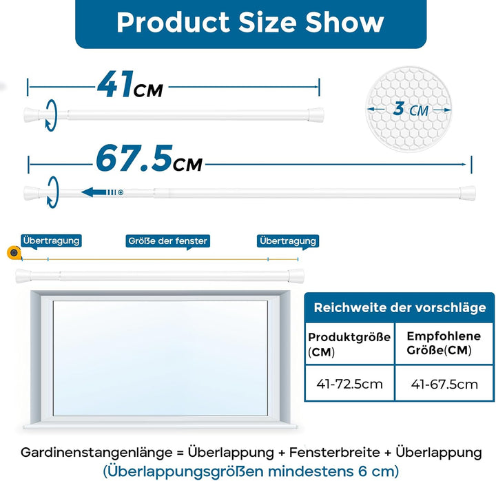 AIZESI 1 Stück Gardinenstange ohne Bohren 40-70cm Teleskopstange Vorhang Verstellbare Gardinenstange