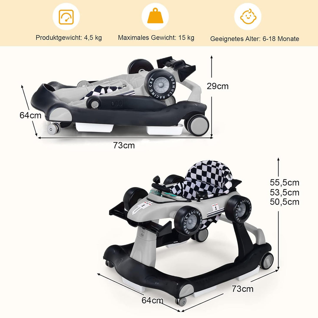 DREAMADE Lauflernhilfe, 4 in 1 Autoförmiger Lauflernwagen mit einstellbarer Geschwindigkeit, Musik &