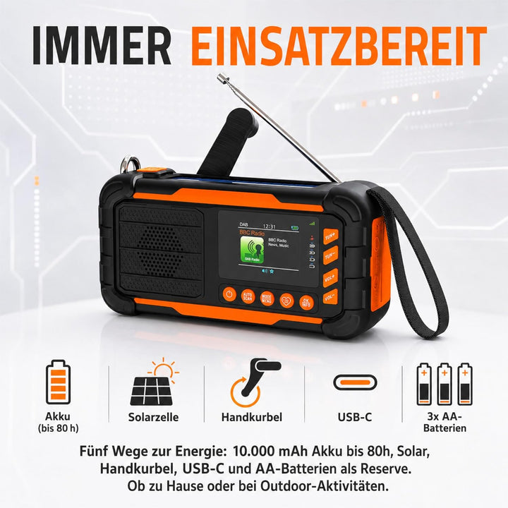 ration1 DAB+ Radio Kurbelradio Notfallradio mit Powerbank, Solar &amp; Kurbel | 10.000 mAh, 80 h Laufzei