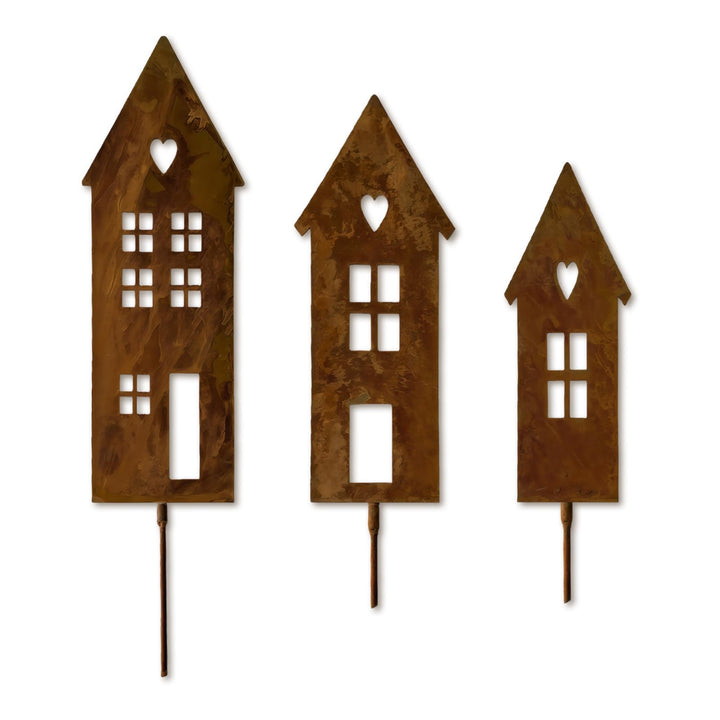 Gartenstecker Rost Häuser Deko 3er Set, Rost Deko für Garten und Blumentopf, Metall Haus Silhouette