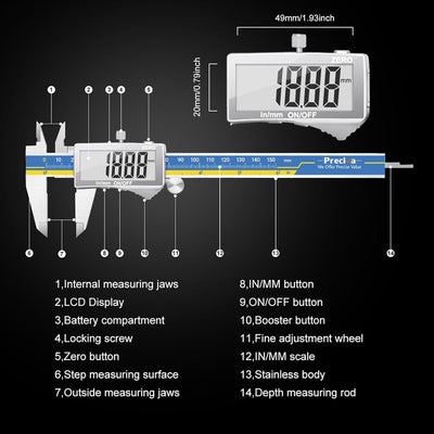 Messschieber Digitale Schieblehre, Preciva Edelstahl Messlehre Messwerkzeuge Spritzwasserdicht Staub