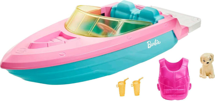 Barbie Speedboat, rosa Schwimmweste, rosa, blaues und weisses Barbie-Boot, Welpe, Barbie Accessoires