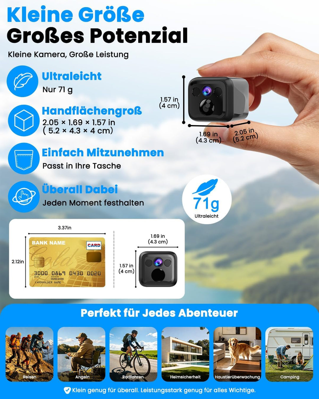 UCOCARE Mini Überwachungskamera Innen Ohne WLAN, 4K Mini Kamera mit Akku 5000mAh, WiFi &amp; AP Modus, N