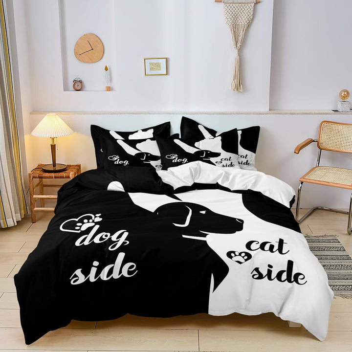 Bettwäsche-Set aus der Schwarz-Weiss-Serie Dog Side and Cat Side Motiv Bettbezug Paar Bettwäsche Set