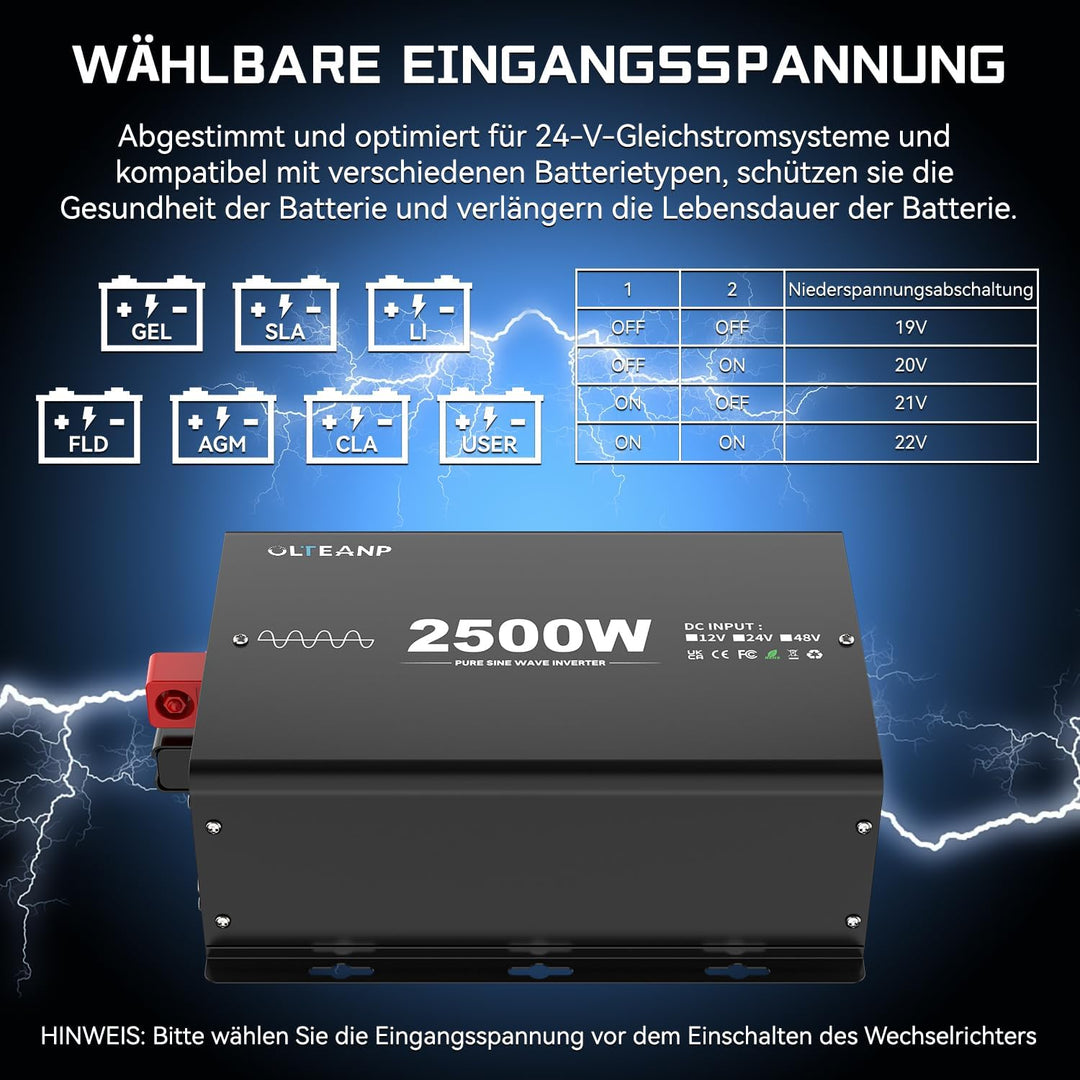 OLTEANP 2500W Spannungswandler 24v auf 230v Reiner Sinus Wechselrichter -Power Inverter Konverter mi