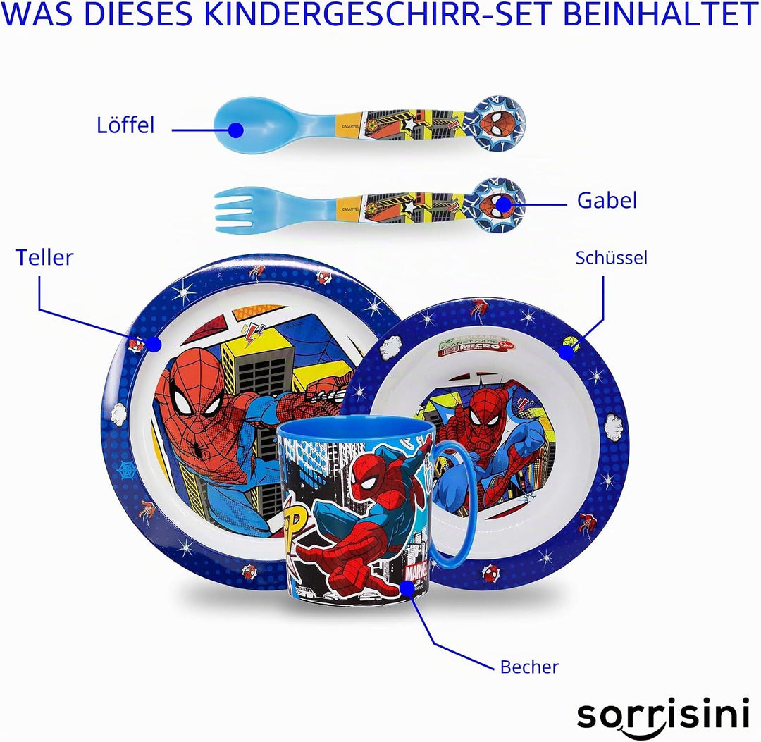 Sorrisini Kindergeschirr Set Spiderman, Wiederverwendbares Babygeschirr Set, Kinder Essgeschirr, Mic