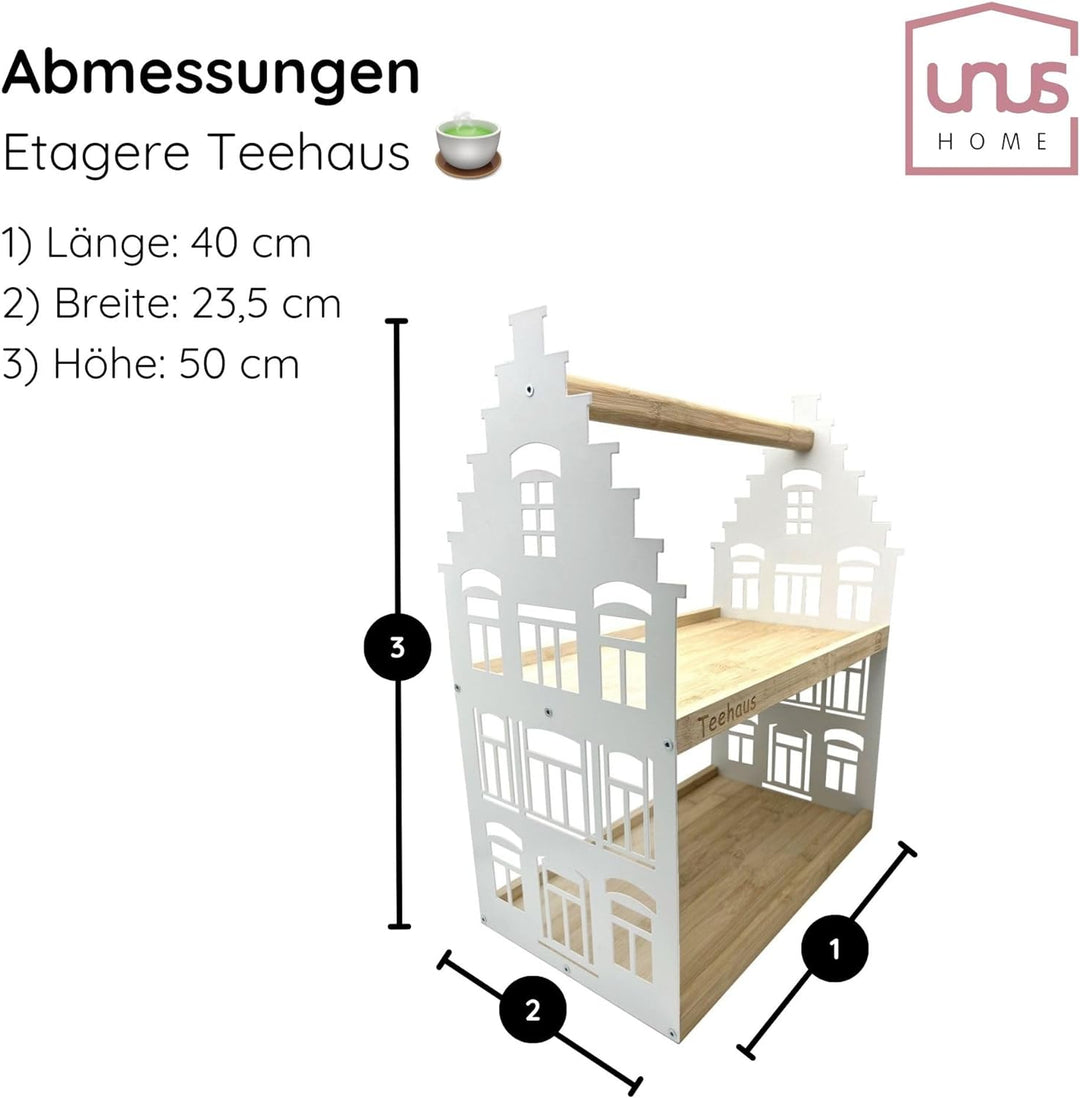 UNUS HOME Etagere Teehaus, 2 Etagen mit Griff, für Tee und Kaffee, Tablett aus Bambus Holz, Gestell