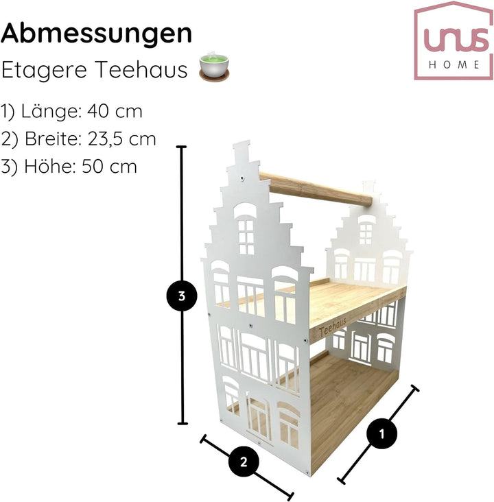 UNUS HOME Etagere Teehaus, 2 Etagen mit Griff, für Tee und Kaffee, Tablett aus Bambus Holz, Gestell