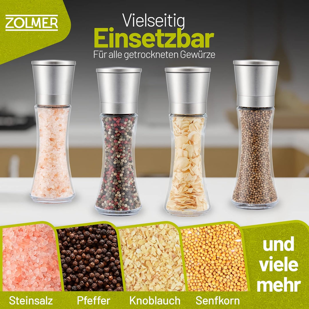 ZOLMER® Gewürzmühle 2er Set mit Verstellbarem Keramikmahlwerk - Edle Salzmühle & Pfeffermühle aus Ho