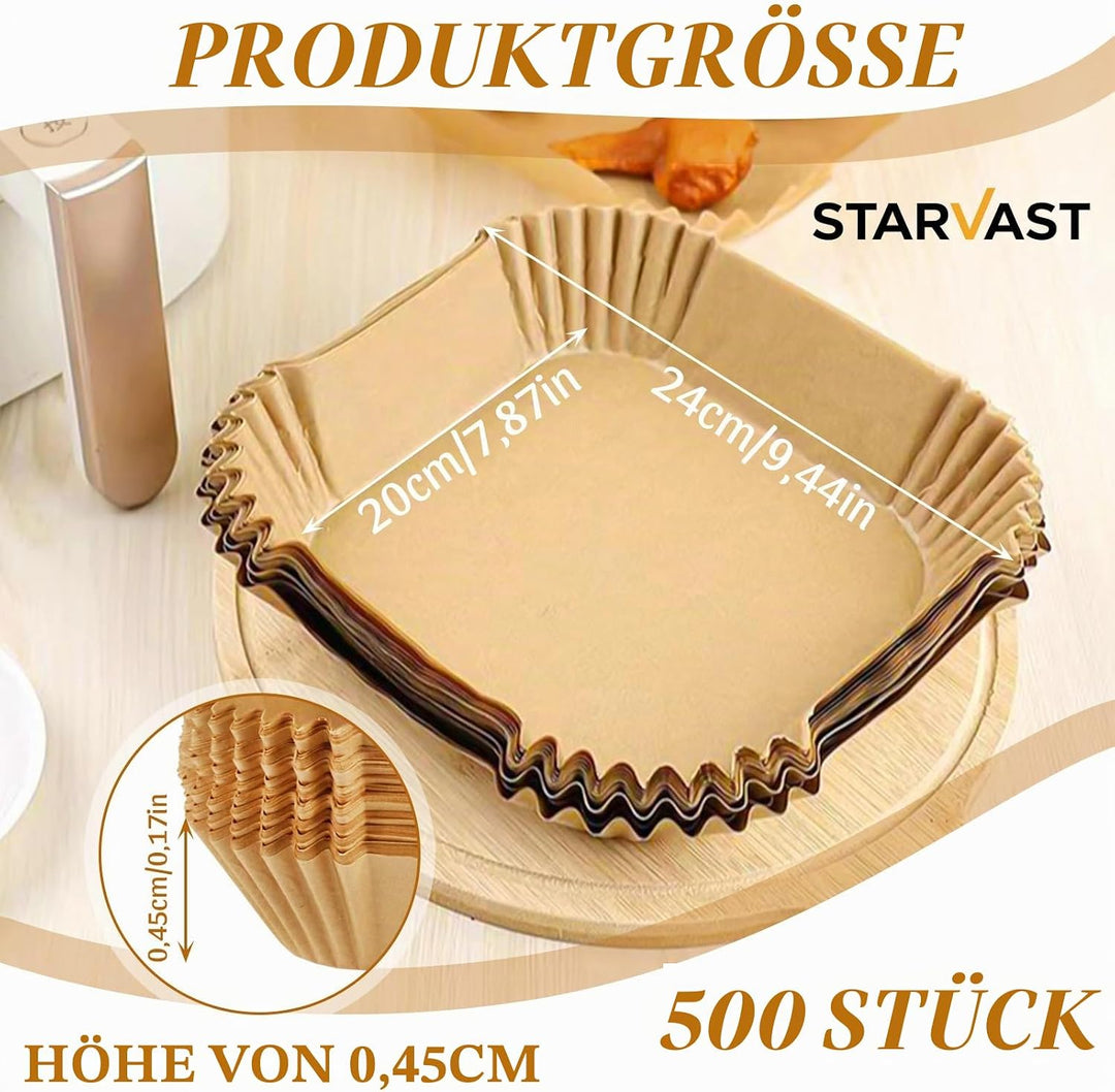 STARVAST 500 Stück Backpapier für Heissluftfritteuse, 20-24CM Eckig Airfryer Backpapier Einweg Papie