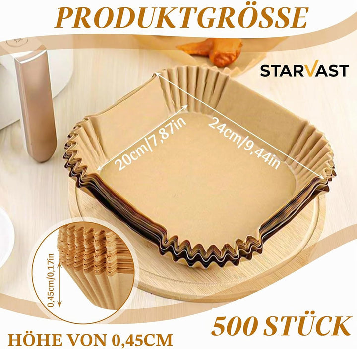 STARVAST 500 Stück Backpapier für Heissluftfritteuse, 20-24CM Eckig Airfryer Backpapier Einweg Papie