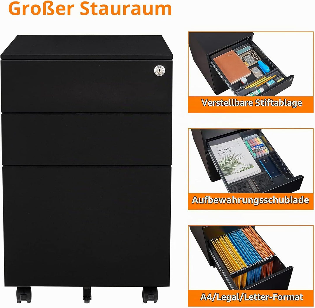 Sightlife Rollcontainer mit 3 Schubladen, Abschliessbar Schublade unter Schreibtisch Container Schre
