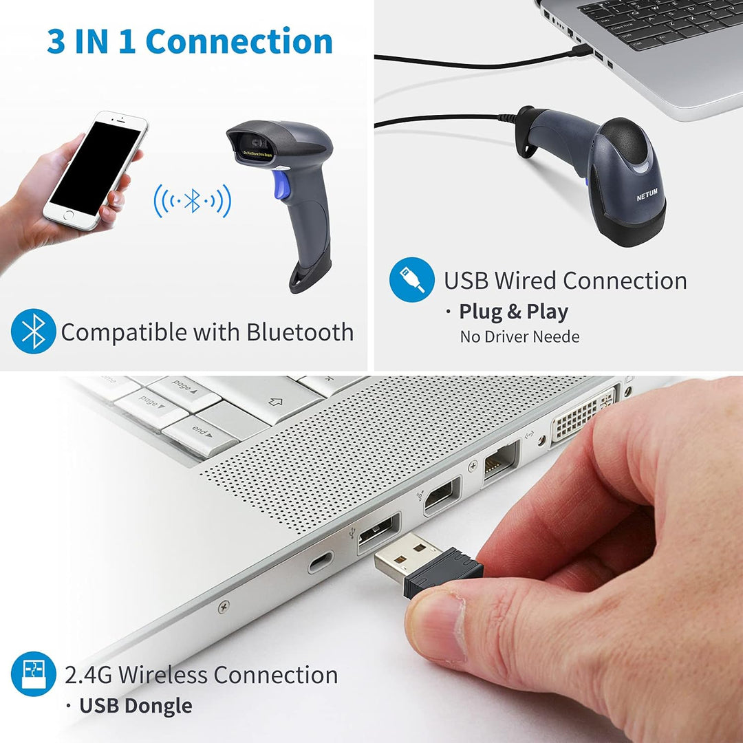 NETUM Wireless 2D QR Barcode Scanner mit Ständer, 3 in 1 Bluetooth & 2,4GHz Wireless&USB Wired Autom