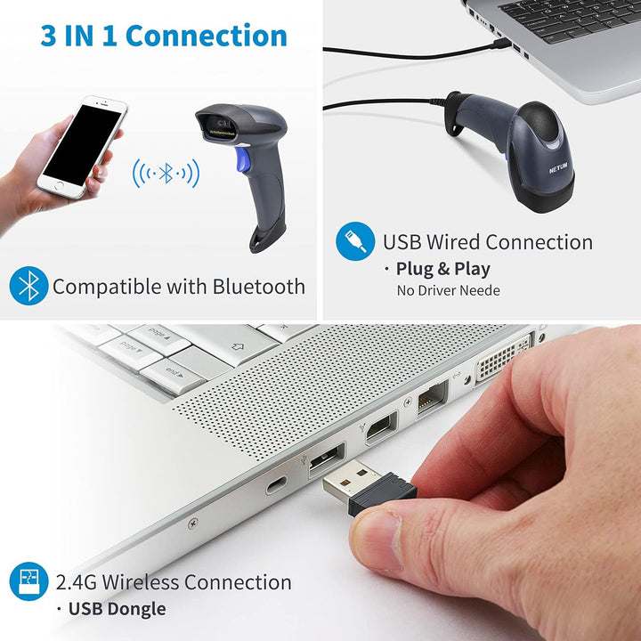 NETUM Wireless 2D QR Barcode Scanner mit Ständer, 3 in 1 Bluetooth & 2,4GHz Wireless&USB Wired Autom
