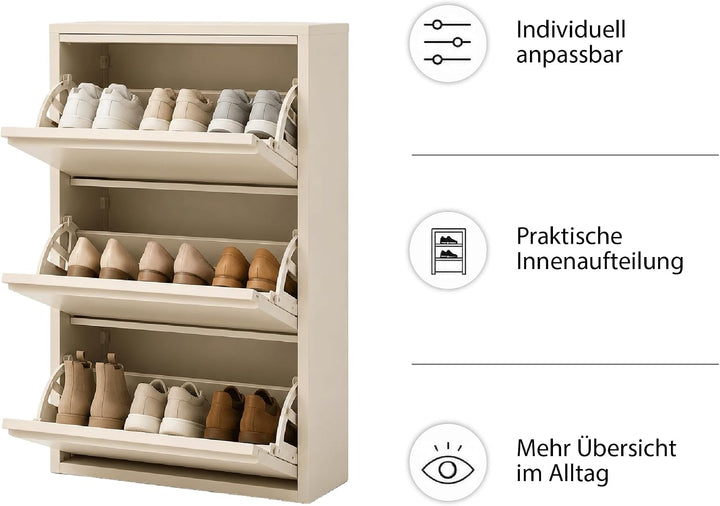 Schuhschrank Schmal mit 3 Klappen, Metall, Freistehend oder Wandmontage, für Flur, Eingang &amp; Diele,