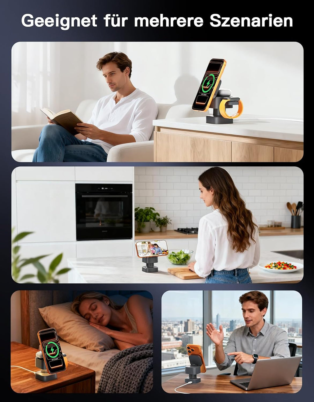 3-in-1 Kabellose Ladestation, Drehbar &amp; Einziehbar mit Nachtlicht, Kompatibel mit iPhone 17/16/15/14