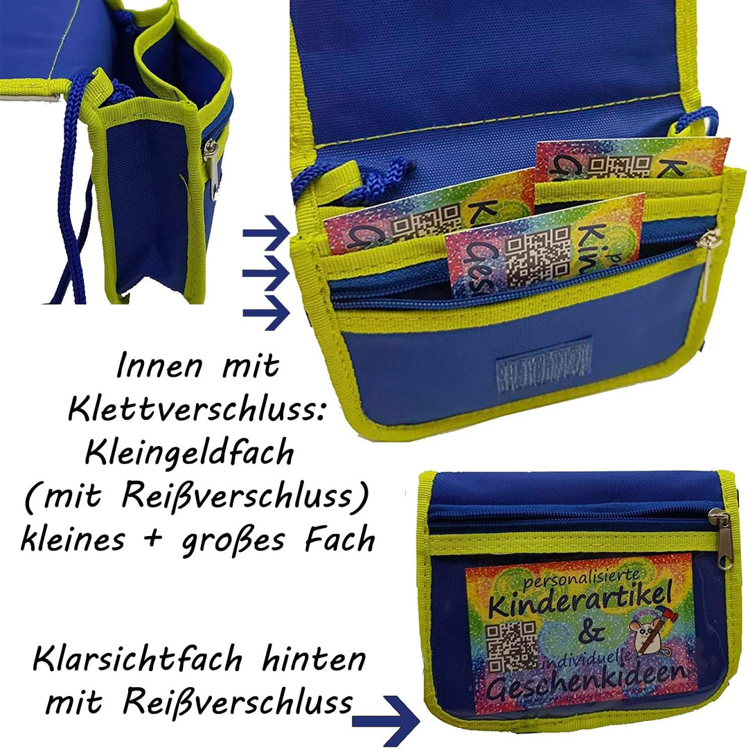 Kinder Brustbeutel mit Name und Schriftartwahl | Klettverschluss mit Schnur zum Umhängen und Klarsic