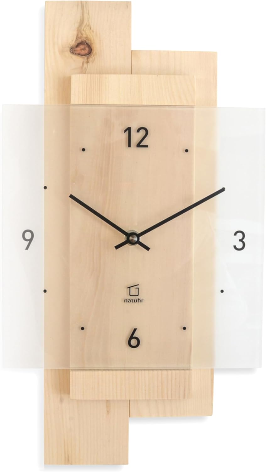 Natuhr Wanduhr Holz Zirbenwald geräuscharm Zirbe Massivholz Mineralglas U.T.S. Uhrwerk (Zirbenholz,