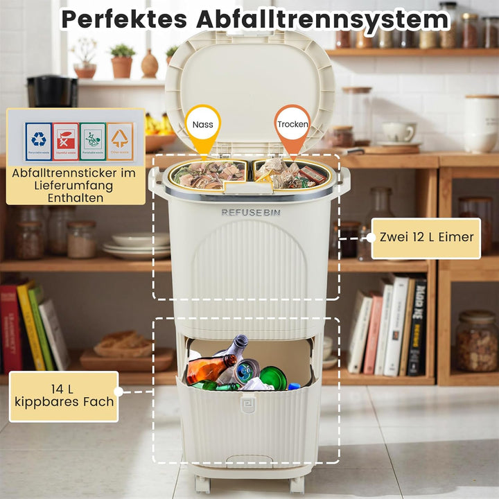 COSTWAY Mülleimer Küche, Mülltrennsystem 3 Fächer, 2 x 12L Inneneimer & 14L Treteimer, Abfalleimer m