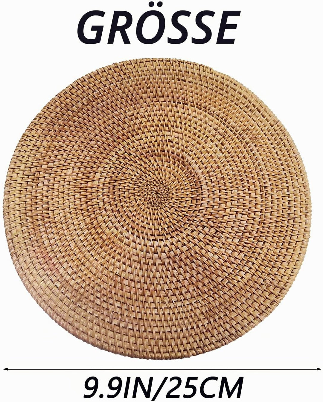 Set Mit 2 Handgewebten Tischsets aus Natürlichem Rattan Hitzebeständiger Unterlage Dreibein(Rund 25x