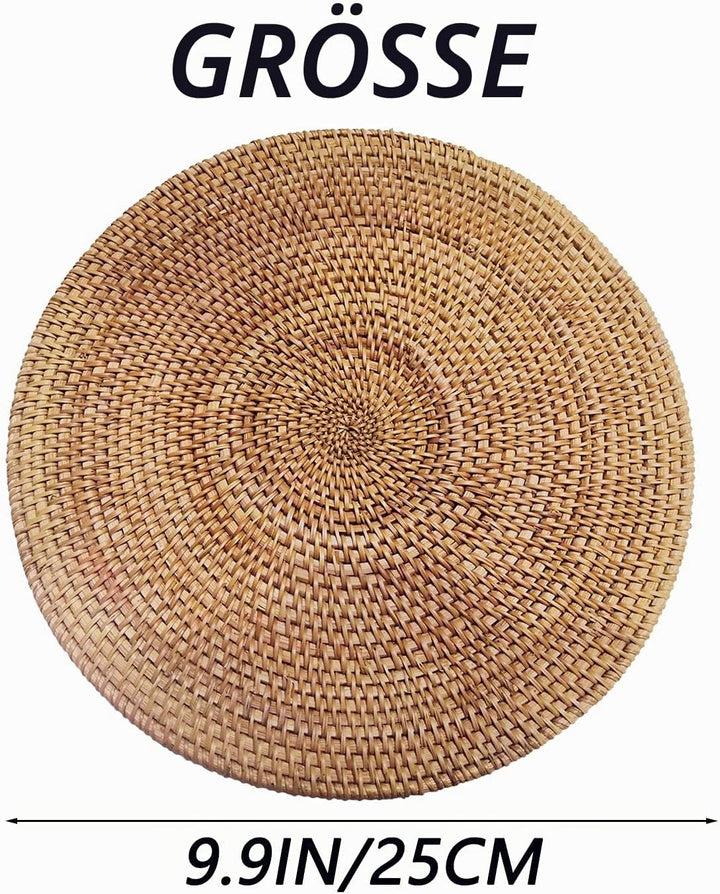 Set Mit 2 Handgewebten Tischsets aus Natürlichem Rattan Hitzebeständiger Unterlage Dreibein(Rund 25x