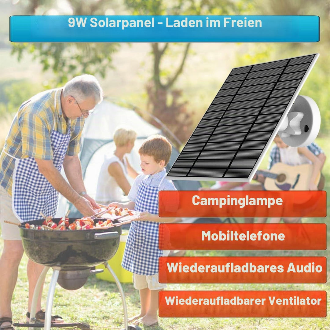 9W/5V Solarpanel für Überwachungskamera mit 4m, 3-in-1-Ladekabel (Micro-USB,Typ-C und DC 3,5 x 1,35