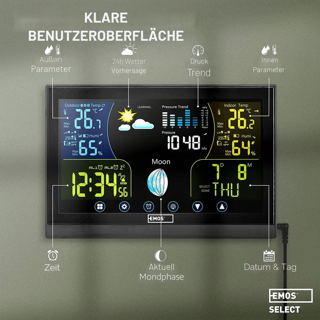 Emos Wetterstation Funk mit Aussensensor, Touchscreen und Farbdisplay, DCF Empfangssignal Funkuhr -