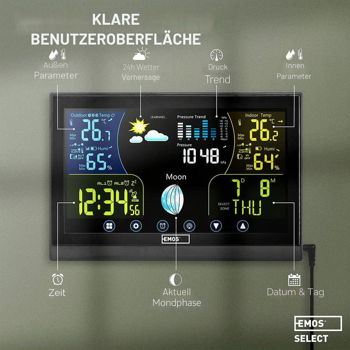Emos Wetterstation Funk mit Aussensensor, Touchscreen und Farbdisplay, DCF Empfangssignal Funkuhr -