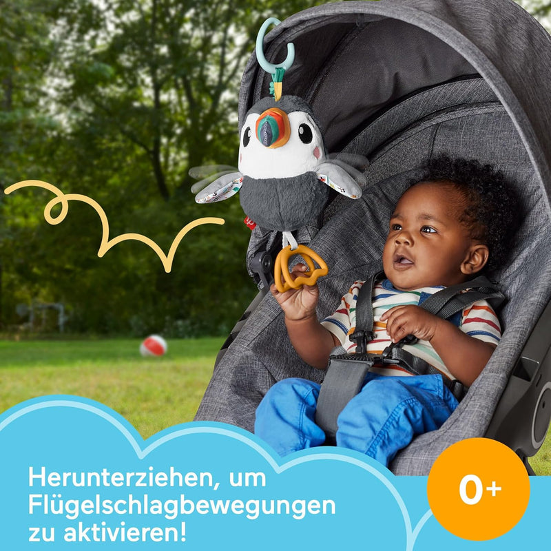 Fisher-Price Flap & Go Tukan - Plüschiges Kinderwagenspielzeug, fördert Feinmotorik und sensorische