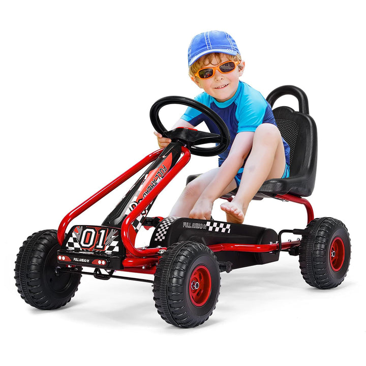 DREAMADE Gokart mit Handbremse & verstellbarem Sitz, Tretauto Tretfahrzeug mit geschlossenem Kettenk