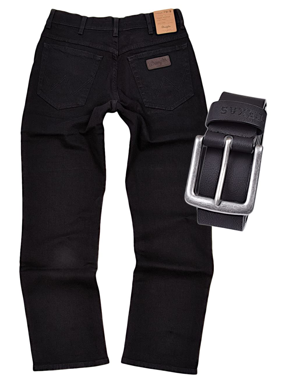 Wrangler Texas Stretch Herren Jeans Regular Fit inkl. Gürtel (W38/L30, Black)