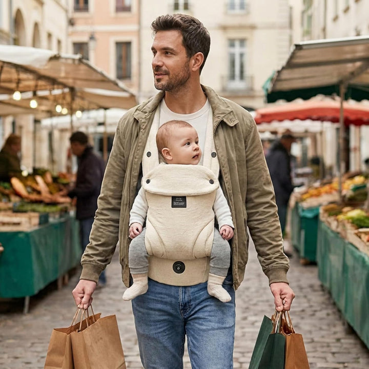 Bebamour Babytrage für 3,6–14,9 kg, ergonomisch, komfortabel, Baumwolle, für vorne und hinten, beige