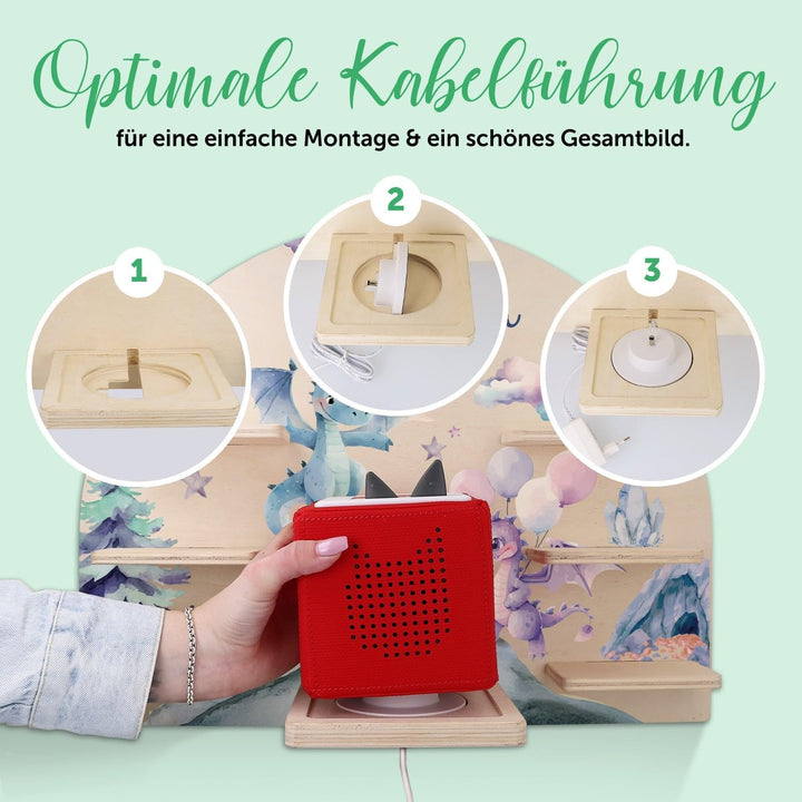 GRAVURZEILE Toniebox Regal - Drache - Personalisiert mit Name - Kinderzimmer Wandregal zur Aufbewahr