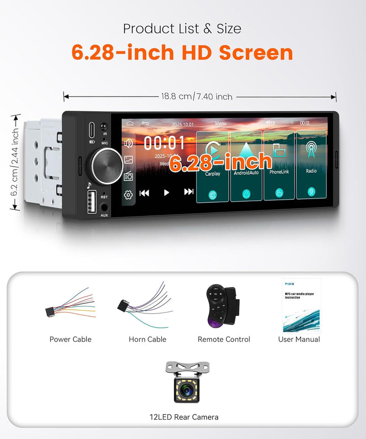 Rimoody Autoradio 1 Din 6,28 Zoll mit Wireless CarPlay - Android Auto, Bluetooth 5.2, In-Cell Displa